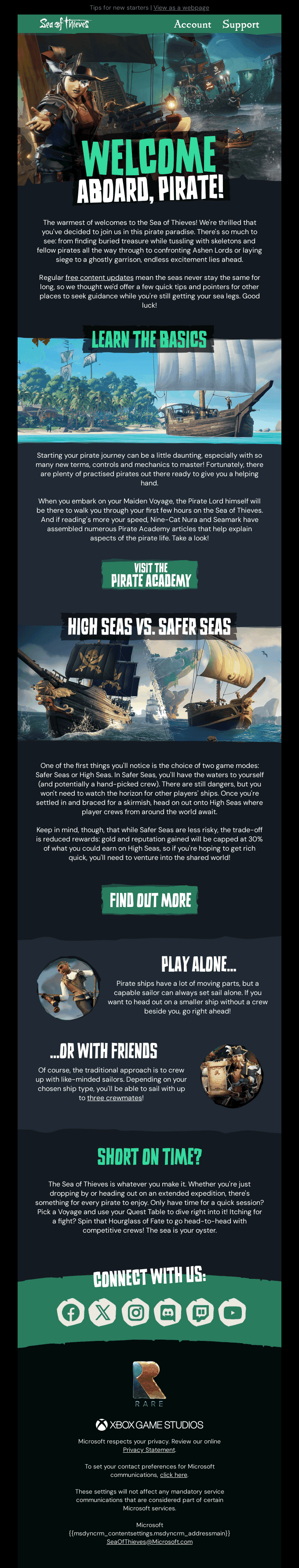 Sea of Thieves welcome email example