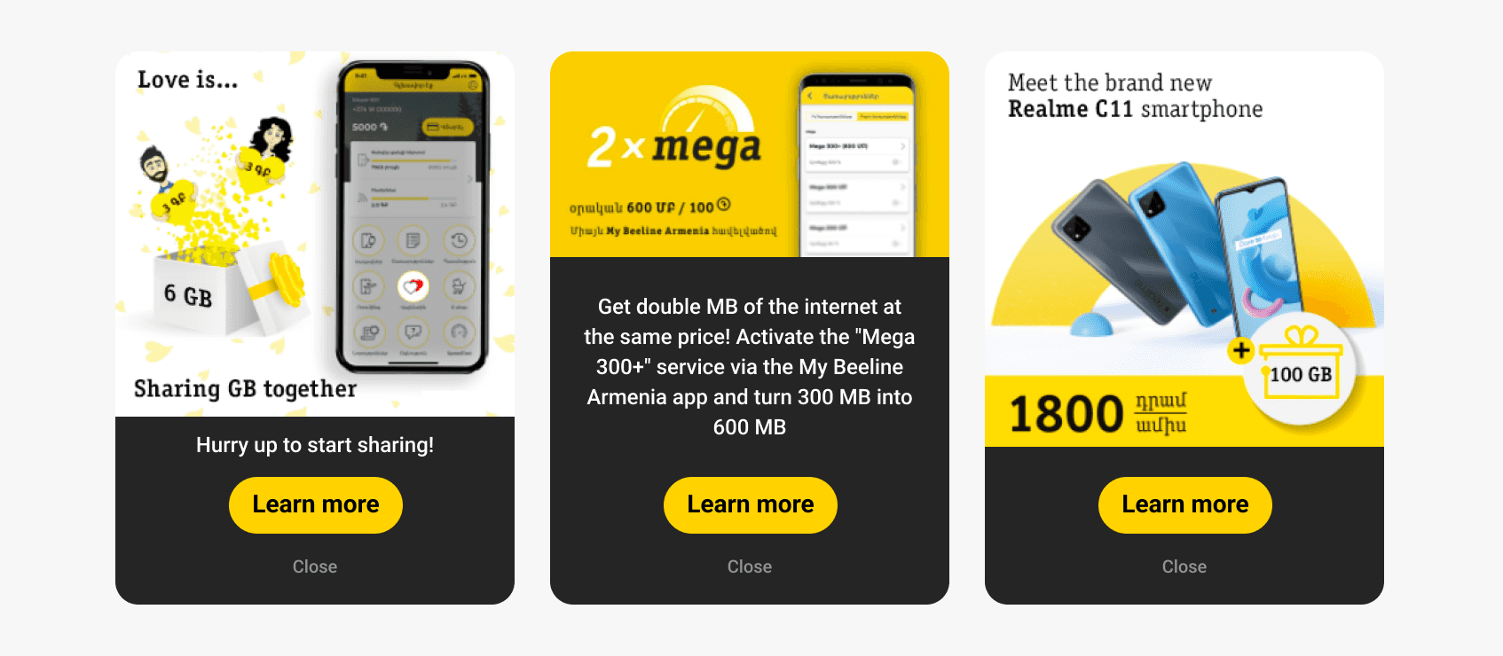 In-app messages promoting new products and services - Telecom Armenia
