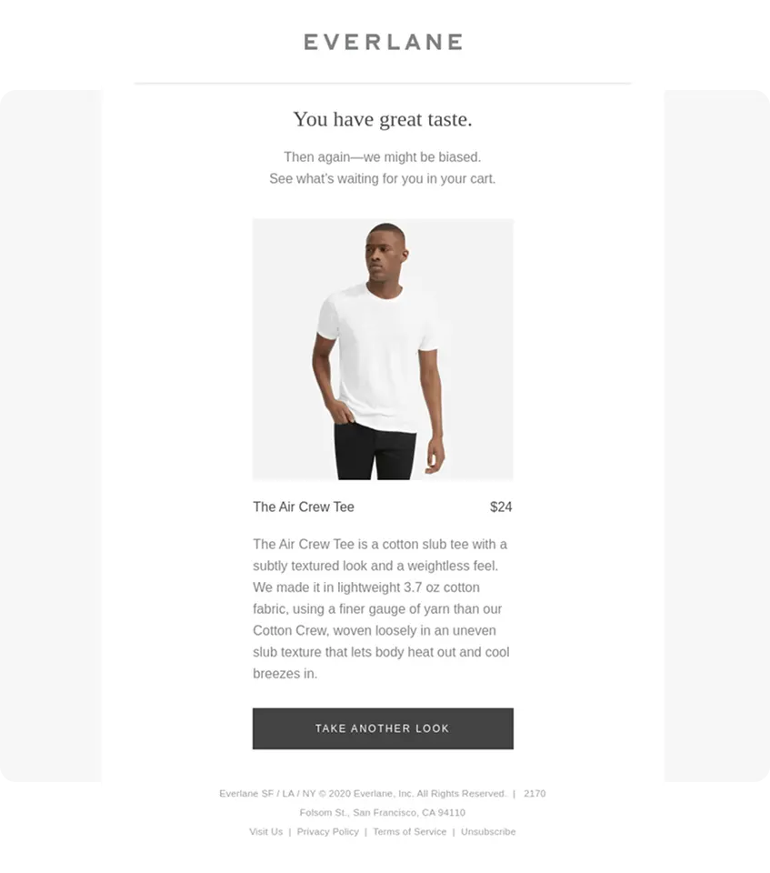 Abandoned cart email example